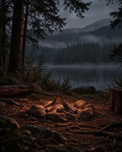 A campfire glowing at dusk