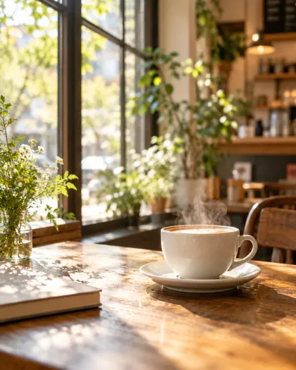 A warm cup of coffee on a café table