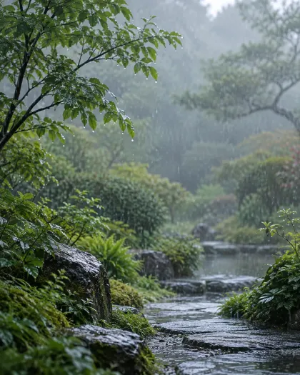 Soft rain falling on a mossy stone garden path