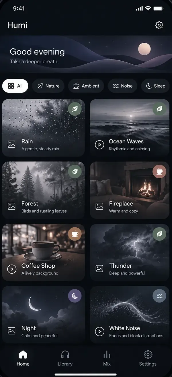 The Humi home screen in dark mode, showing soundscapes such as Rain, Ocean Waves, Forest and Fireplace