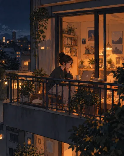A cozy balcony scene for lofi listening