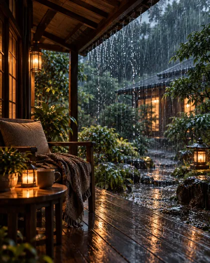 Rain on a lantern-lit wooden porch at night