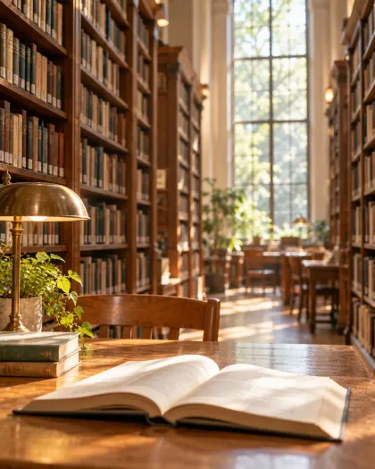 A calm, softly lit library reading nook